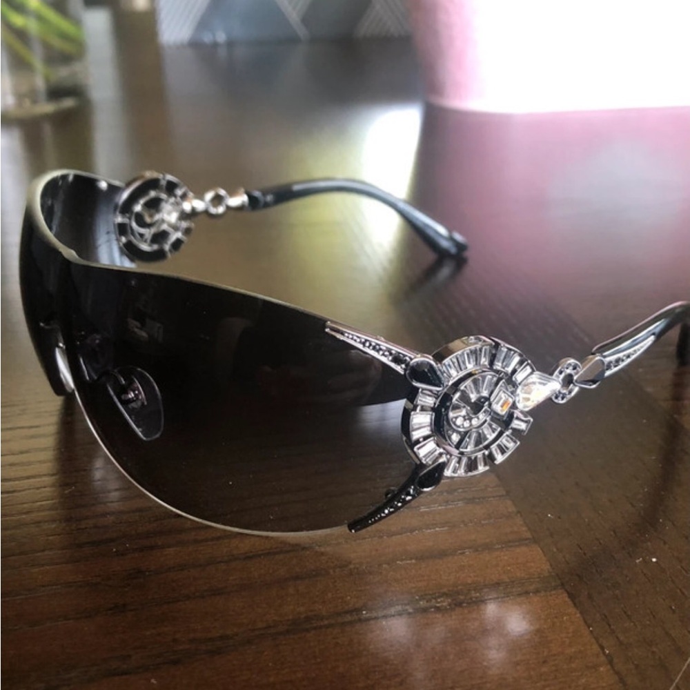 Final, Bulgari Women's Swarovski Crystal Shield Sunglasses in Black.